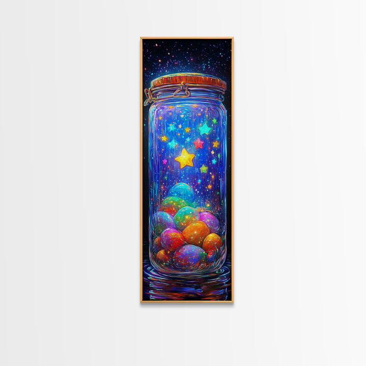 Glowing Star Jar With Tiny Planets Wall Art, Whimsical Celestial Canvas, Colorful Nursery Decor, Space Lover Gift Print Poster