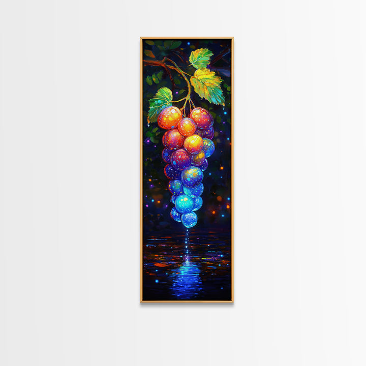 Glowing Grapes Reflecting On Water Framed Canvas Print, Vineyard Wall Art, Colorful Kitchen Decor, Fruit Art Poster Gift