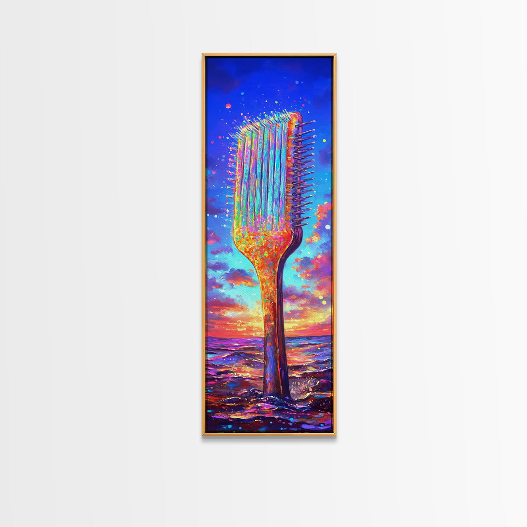 Giant Rainbow Hair Comb At Ocean Sunset Canvas Print, Salon Wall Art, Beauty Salon Decor, Colorful Coastal Gift Print Poster