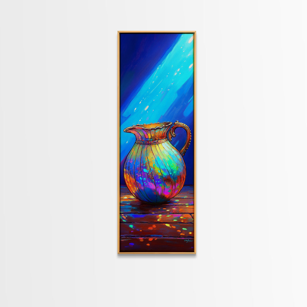 Iridescent Rainbow Pitcher In Blue Light Framed Canvas Print, Colorful Kitchen Wall Art, Modern Eclectic Home Decor Gift
