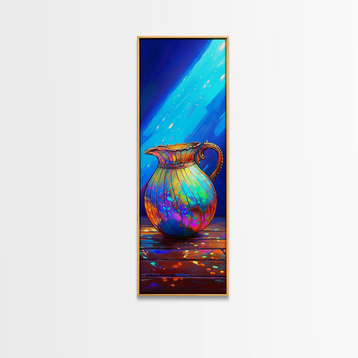 Iridescent Rainbow Pitcher In Blue Light Framed Canvas Print, Colorful Kitchen Wall Art, Modern Eclectic Home Decor Gift
