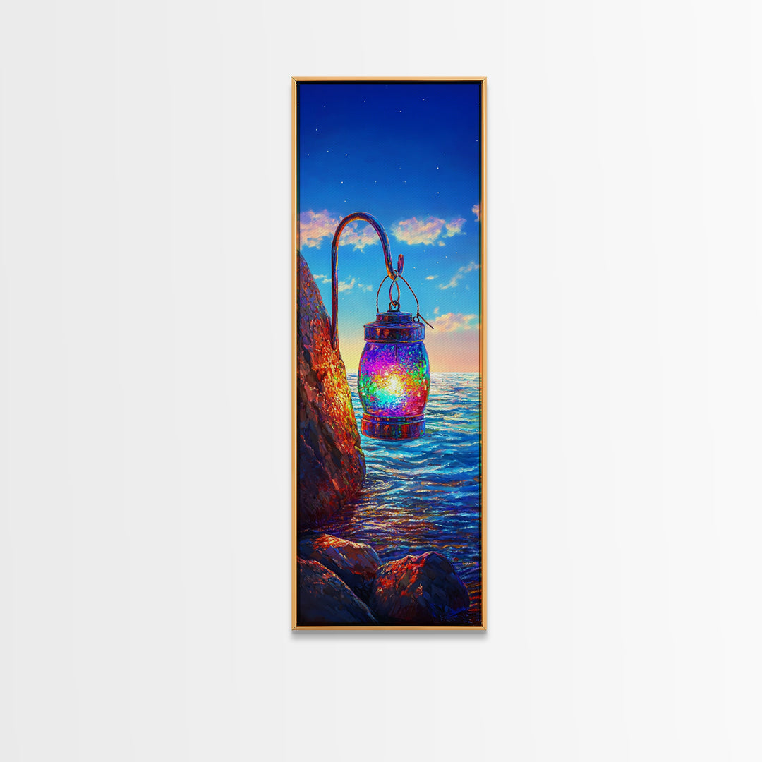 Hanging Rainbow Lantern Canvas Print, Coastal Wall Art, Ocean Sunset Painting, Nautical Decor, Beach House Living Room Art