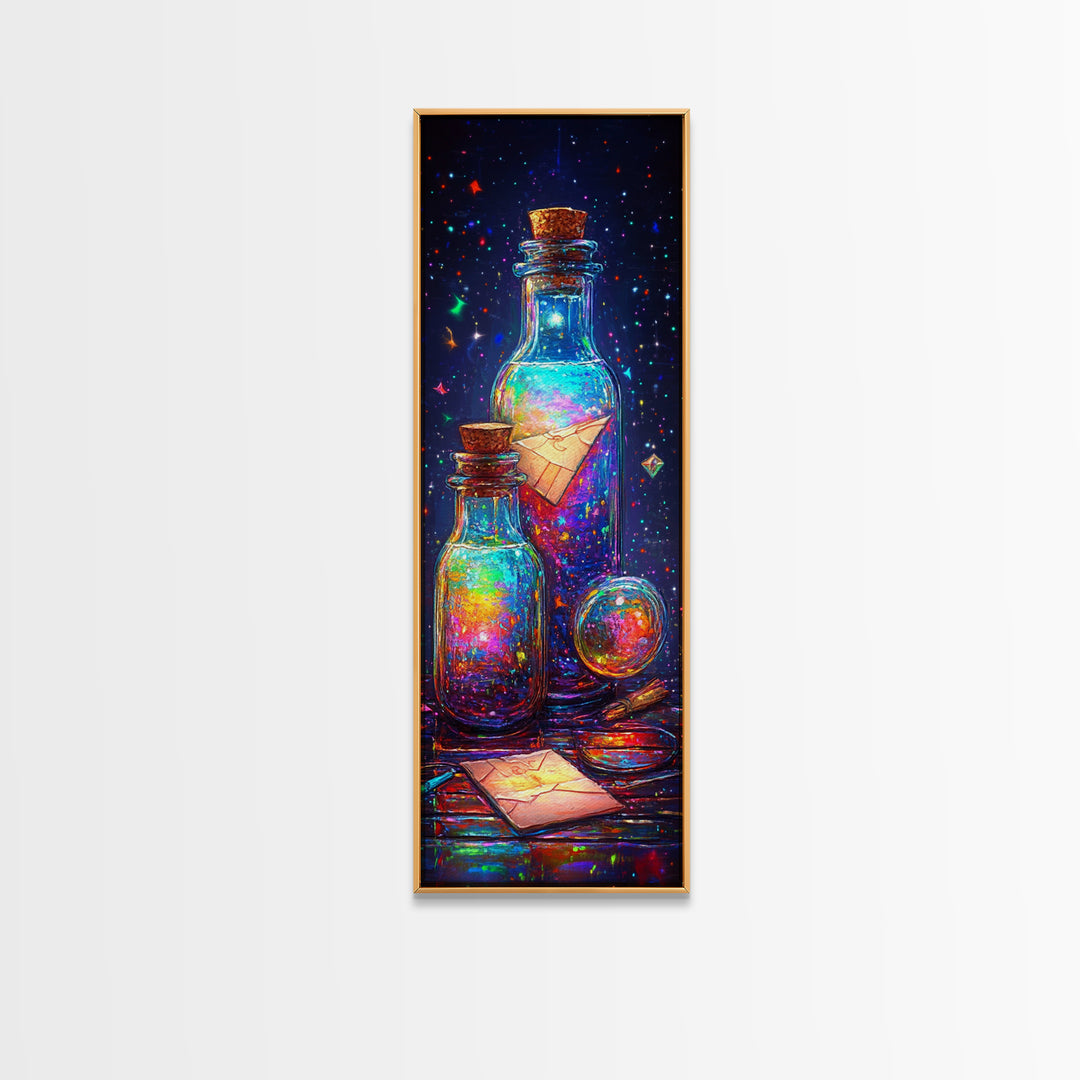 Glowing Message Bottles With Paper Boats Canvas Print, Celestial Wall Art, Fantasy Decor, Magical Art Print, Unique Gift