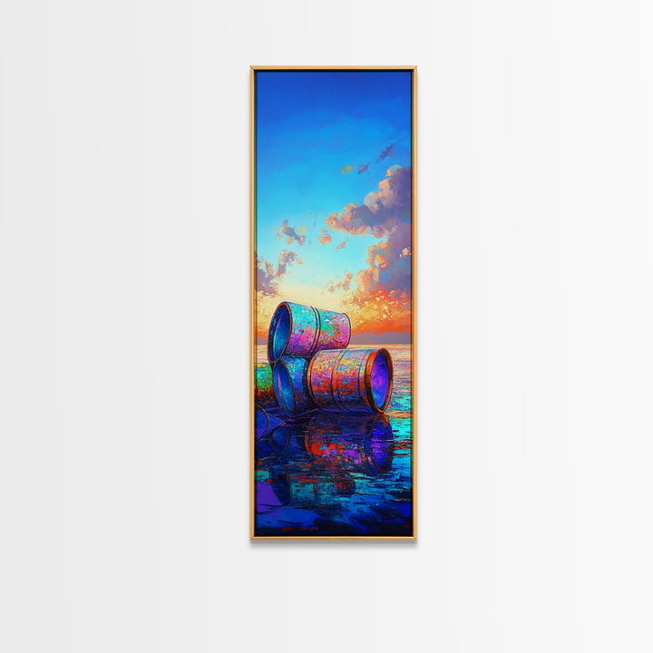 Colorful Beach Barrels Framed Canvas Print, Coastal Wall Art, Ocean Sunset Painting, Nautical Home Decor, Beach House Gift