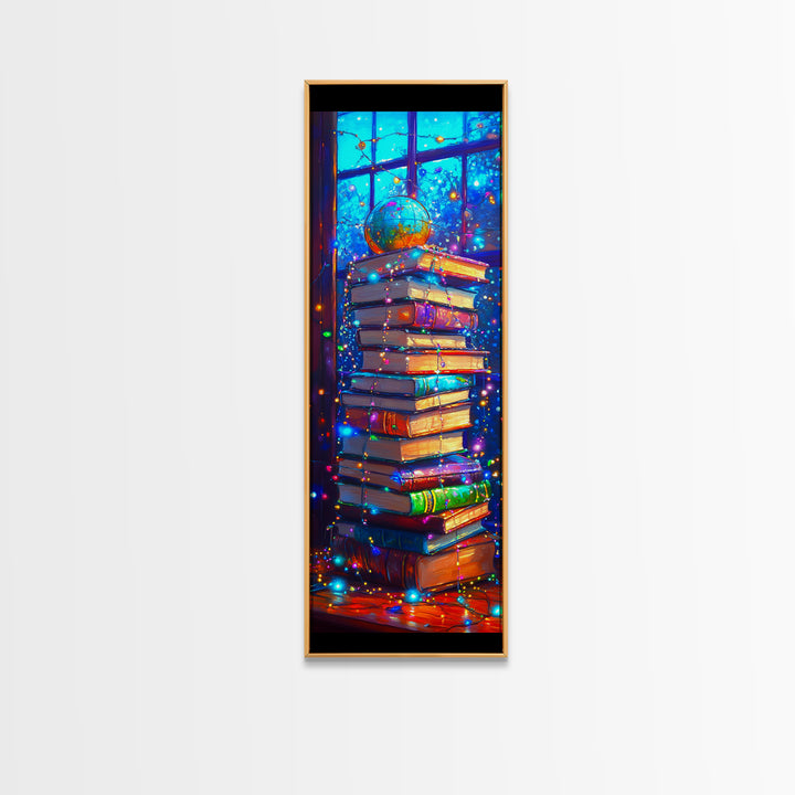 Glowing Books And Globe Wall Art, Cozy Library Art Print, Book Lover Gift, Reading Nook Decor, Bookish Home Decor For Living Room Decor