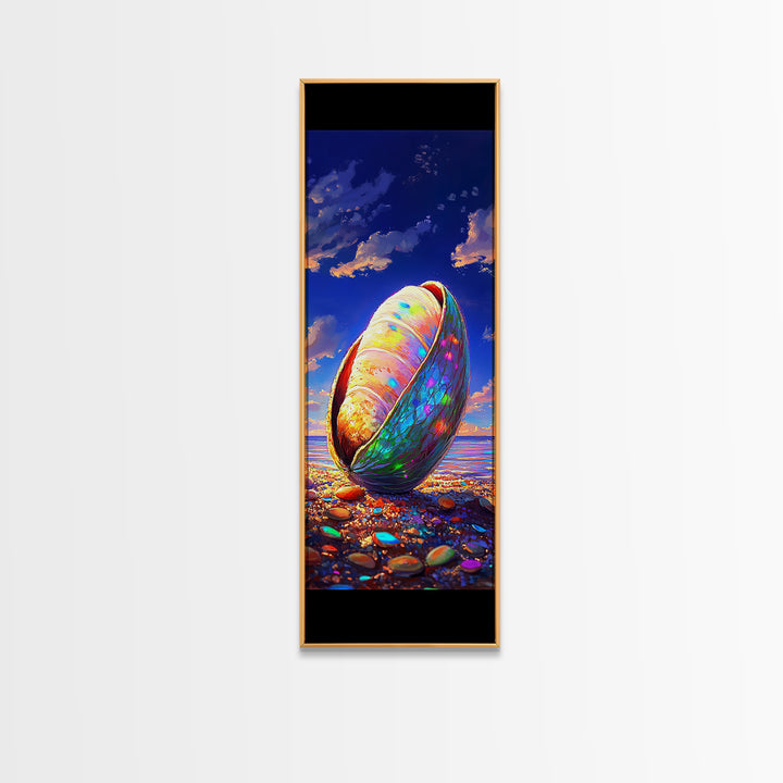 Iridescent Seashell On Pebble Beach Canvas Print, Coastal Wall Decor, Ocean Lover Gift, Beach House Decor, Nautical Art Print