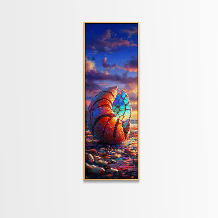 Rainbow Nautilus Seashell At Sunset Wall Art, Coastal Canvas Print, Beach House Decor, Ocean Landscape Art, Seaside Gift
