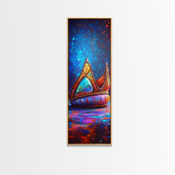 Jeweled Fantasy Crown With Blue Gem Wall Art, Royal Framed Canvas Print, Whimsical Decor, Maximalist Bedroom Art, Gift For Her
