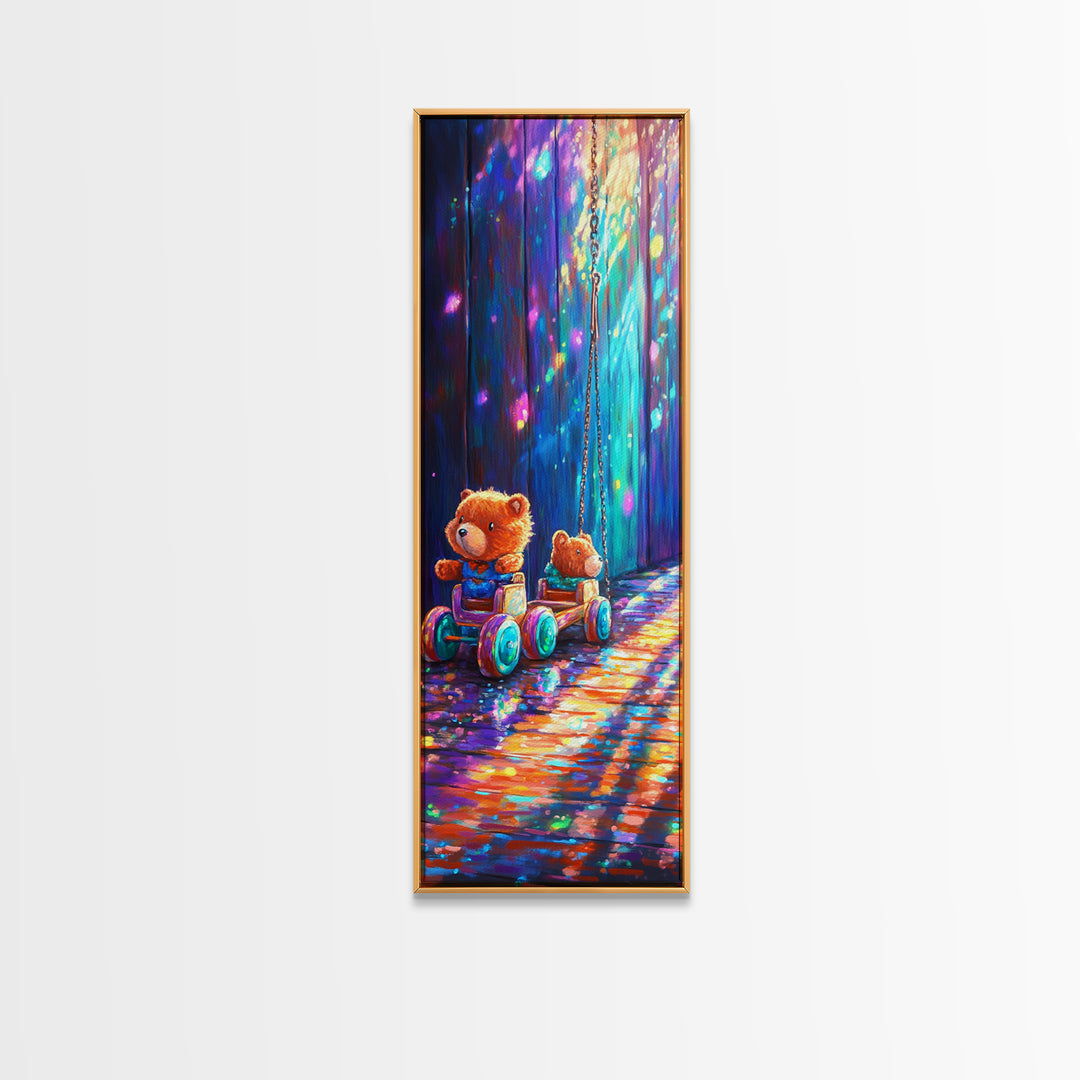 Teddy Bear Toy Wagon In Magical Light Wall Art, Nursery Canvas Print, Whimsical Woodland Kids Room Decor, Baby Shower Gift