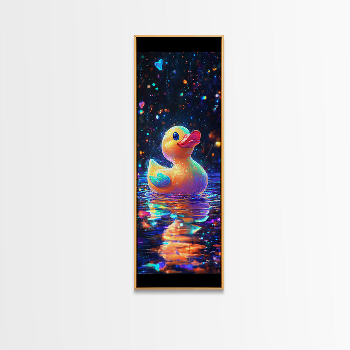Cute Rubber Duck Floating On Sparkling Water Canvas Print, Whimsical Animal Art, Bathroom Wall Art, Kids Room Decor Gift