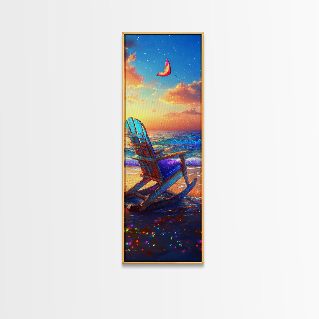 Sunset Beach Chair Under Crescent Moon Canvas Print, Coastal Wall Art, Ocean Decor, Beach House Living Room Wall Decor Gift