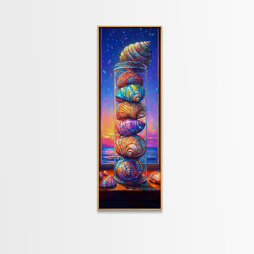 Stacked Rainbow Seashells In Window Framed Canvas Print, Coastal Wall Art, Beach House Decor, Nautical Wall Decor Housewarming Gift