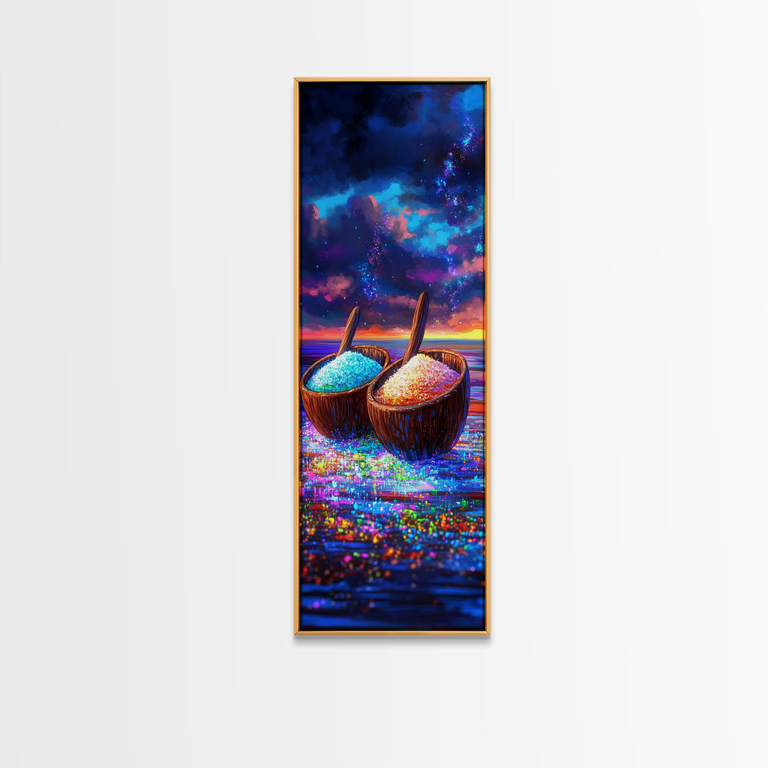 Glittering Coconut Bowls At Sunset Wall Art, Coastal Kitchen Decor, Tropical Beach House Print, Colorful Ocean Dining Art