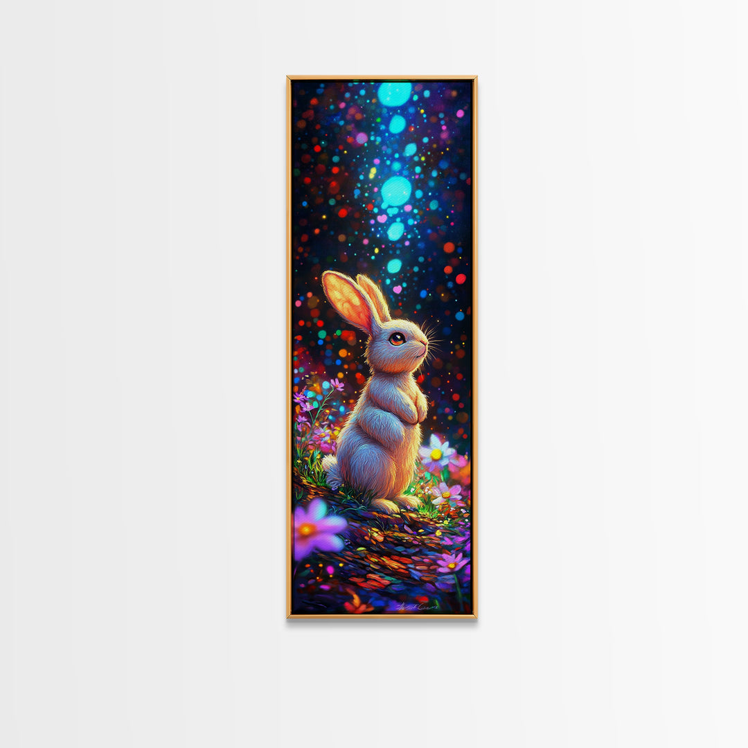 Cute Bunny In Magical Flower Garden Framed Canvas Print, Whimsical Animal Wall Art, Nursery Decor, Kids Room Art Gift, Baby Shower Gift