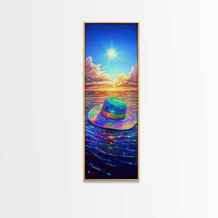 Rainbow Sun Hat On Sparkling Ocean Canvas Print, Beach Wall Art, Coastal Decor, Summer Seascape For Living Room, Housewarming Gift