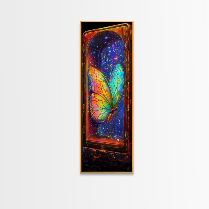 Glowing Rainbow Butterfly In Glass Case Wall Art, Celestial Fantasy Art Print, Whimsical Wall Decor, Unique Gift For Bedroom Decor