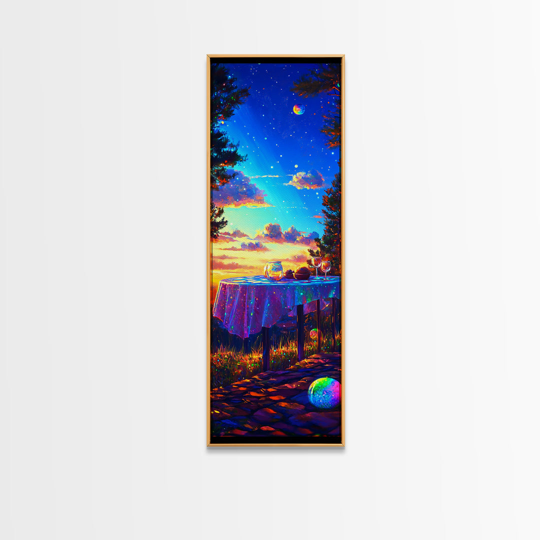 Moonlit Sunset Table With Wine Glasses Framed Canvas Print, Romantic Wall Art, Outdoor Patio Decor, Housewarming Gift, Cozy Home Decor