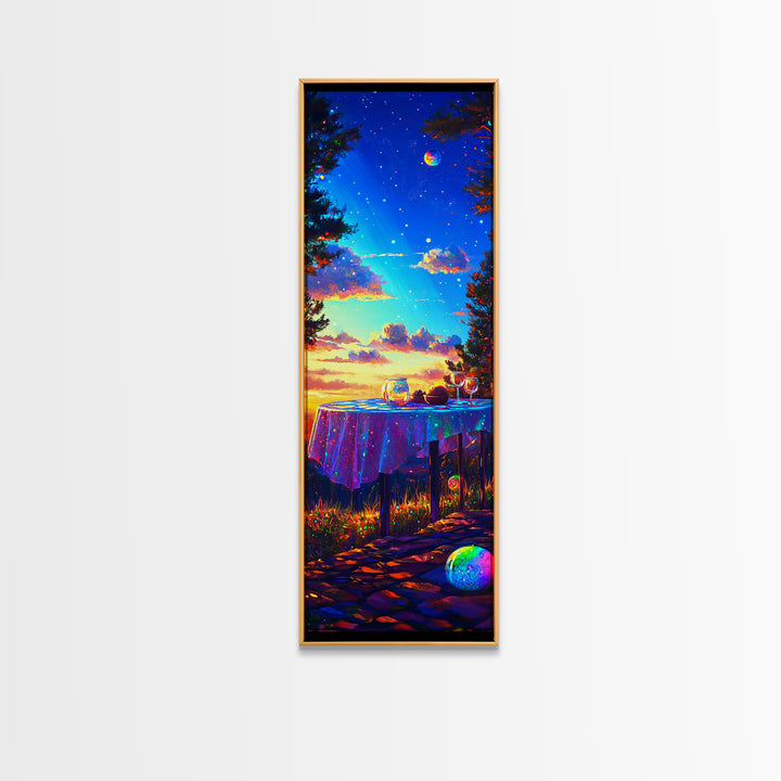 Moonlit Sunset Table With Wine Glasses Framed Canvas Print, Romantic Wall Art, Outdoor Patio Decor, Housewarming Gift, Cozy Home Decor