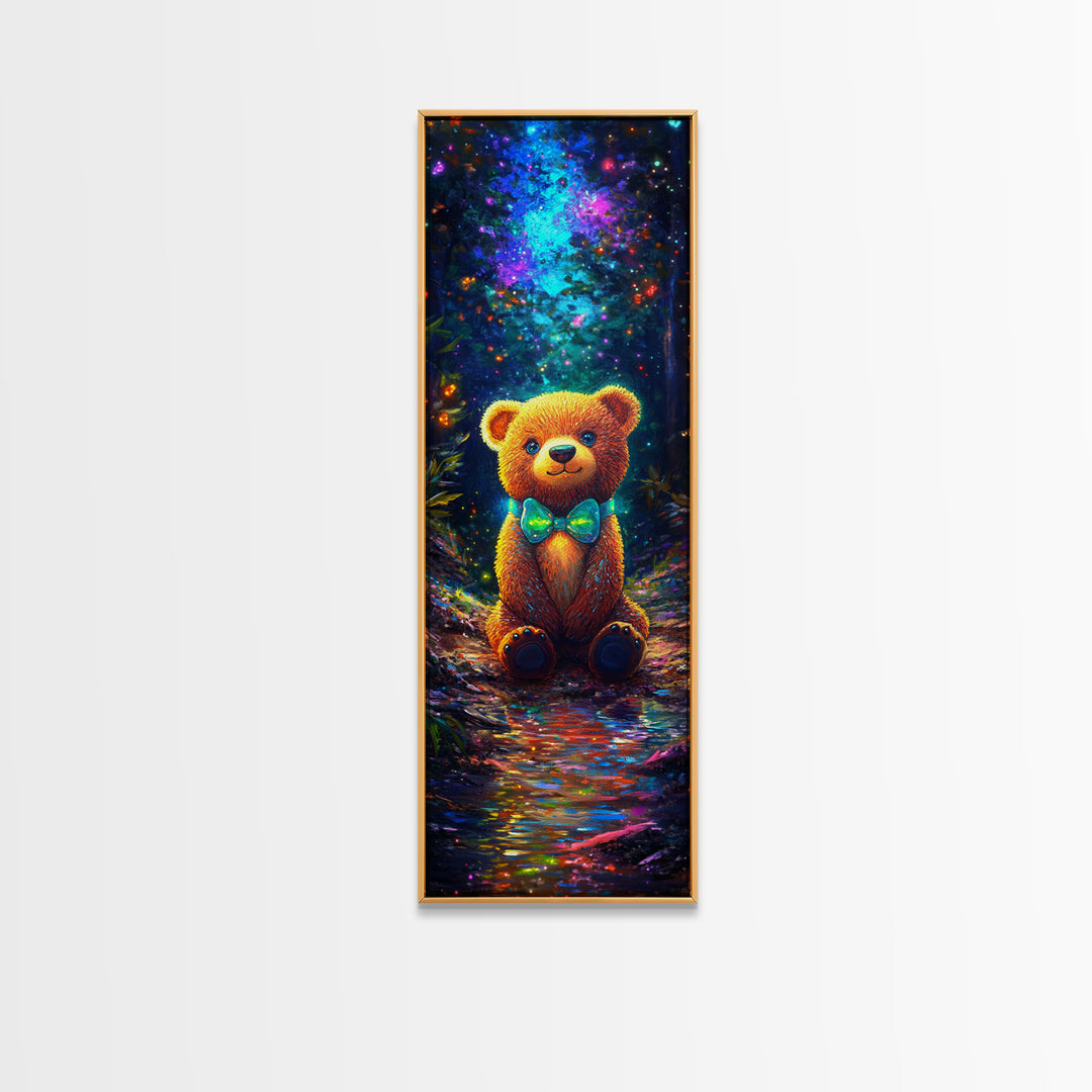 Glowing Teddy Bear In Enchanted Forest Wall Art, Whimsical Nursery Decor, Cute Animal Art Print, Kids Room Decor Gift Idea
