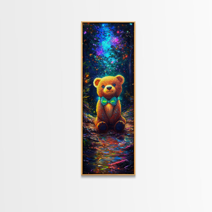 Glowing Teddy Bear In Enchanted Forest Wall Art, Whimsical Nursery Decor, Cute Animal Art Print, Kids Room Decor Gift Idea