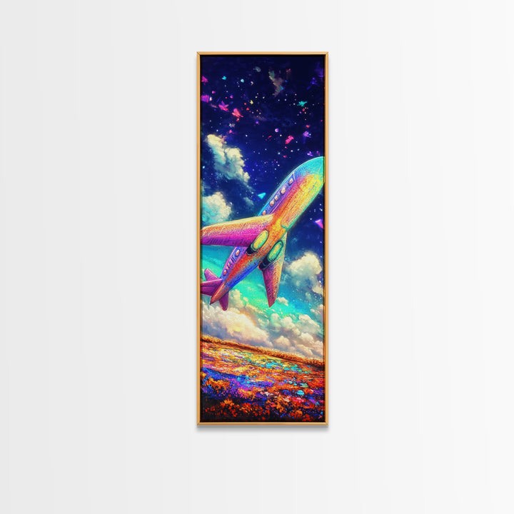 Rainbow Jet Flying Through Starry Clouds Canvas Print, Space Wall Art, Aviation Wall Decor, Kids Room Decor, Gift For Travelers