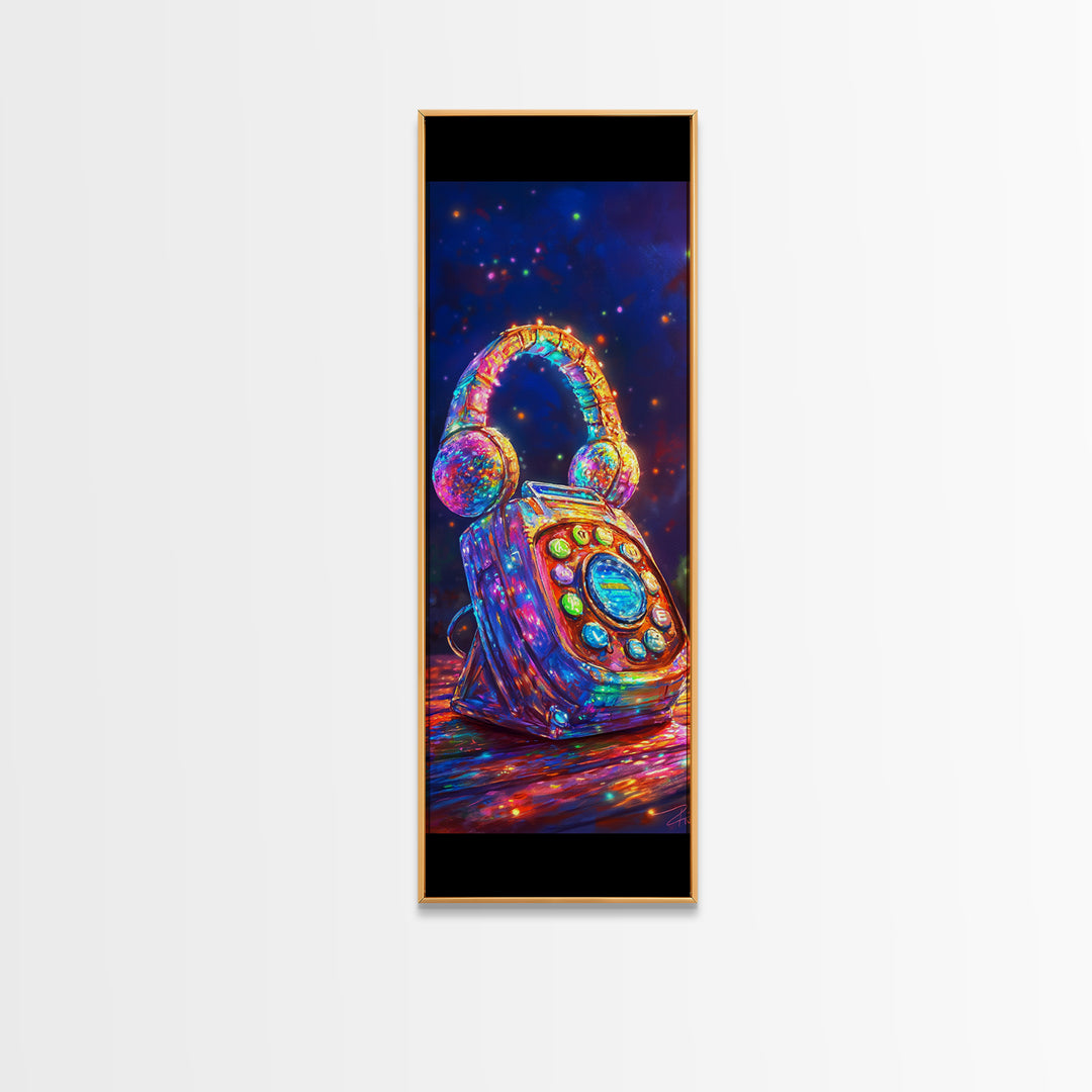 Jeweled Retro Phone With Headphones Framed Canvas Print, Music Wall Art, Funky Wall Decor, Game Room Decor, Gift For Him
