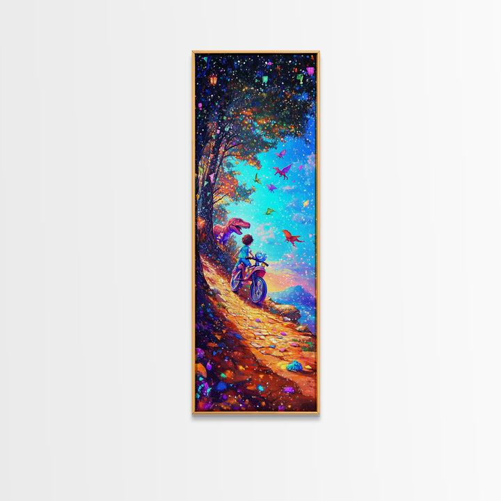 Child Riding Bike Through Dinosaur Forest Canvas Print, Whimsical Wall Art, Fantasy Nursery Decor, Kids Room Art Gift For Children