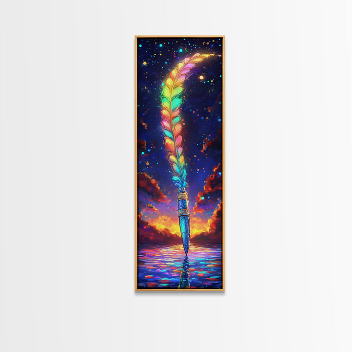 Rainbow Feather Quill Canvas Print, Celestial Wall Art, Whimsical Ocean Decor, Fantasy Writing Gift, Colorful Office Art