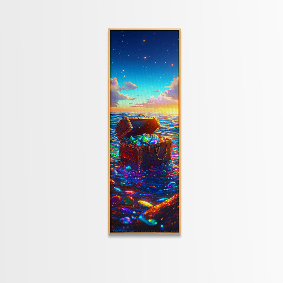 Glowing Treasure Chest At Ocean Sunset Canvas Print, Nautical Wall Art, Coastal Beach House Decor, Fantasy Sea Lover Gift
