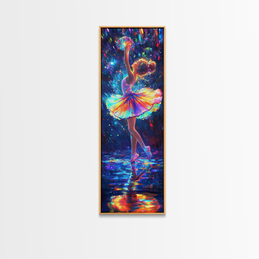 Rainbow Ballerina Dancing Under Lights Framed Canvas Print, Dance Studio Wall Art, Whimsical Girl Room Decor, Gift For Her