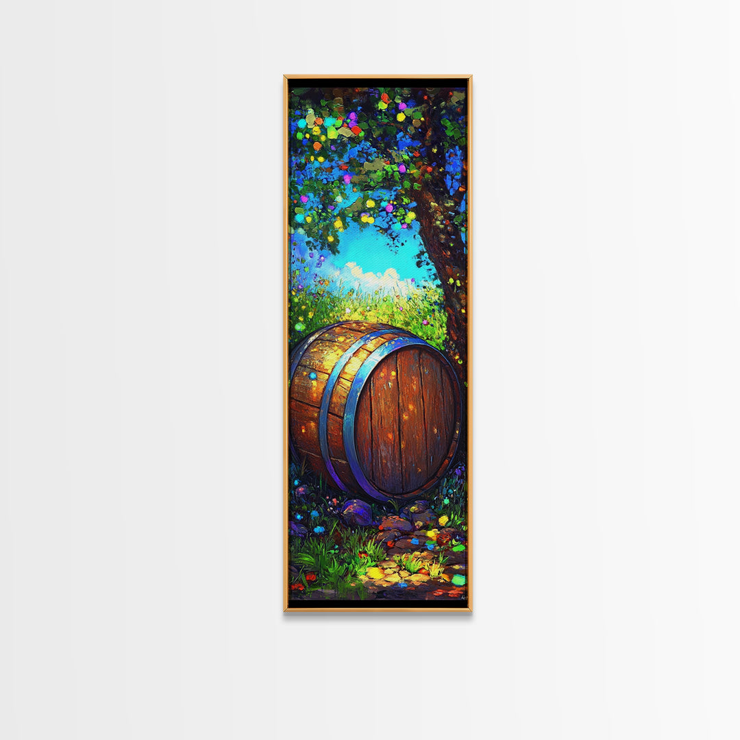 Sunlit Wine Barrel In Lush Garden Canvas Print, Rustic Wall Art, Winery Home Decor, Vineyard Landscape Housewarming Gift