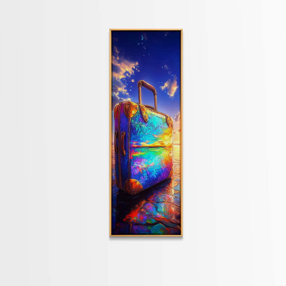 Rainbow Suitcase Reflecting Ocean Sunset Framed Canvas Print, Vibrant Travel Poster, Coastal Wall Decor For Wanderlust Gift