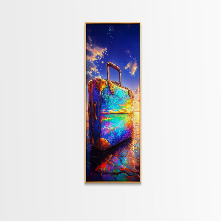 Rainbow Suitcase Reflecting Ocean Sunset Framed Canvas Print, Vibrant Travel Poster, Coastal Wall Decor For Wanderlust Gift
