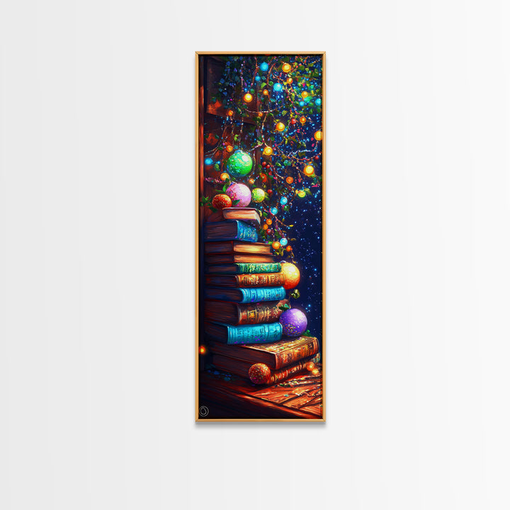 Stacked Books Christmas Tree Wall Art, Cozy Library Canvas Print, Bookish Decor, Holiday Home Decor, Housewarming Gift, Christmas Gift