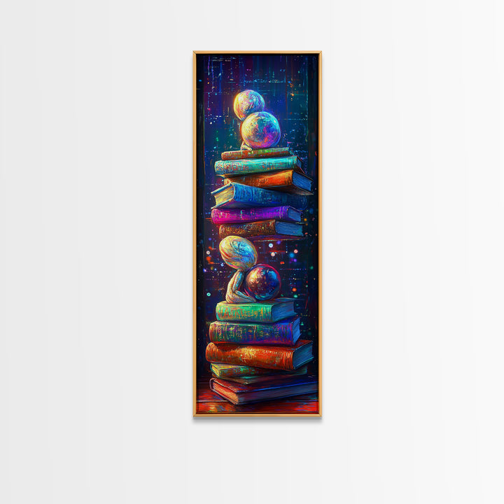 Floating Planets Over Stacked Books Wall Art, Celestial Library Decor, Book Lover Gift, Colorful Fantasy Reading Nook Print