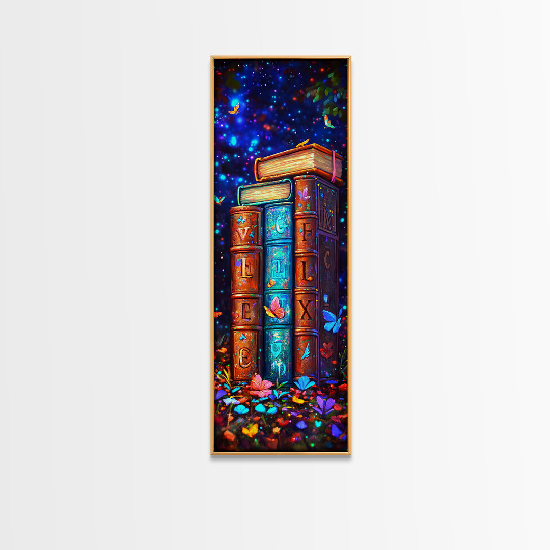 Magical Alphabet Books With Butterflies Canvas Print, Celestial Library Wall Decor, Colorful Book Lover Gift, Fantasy Art