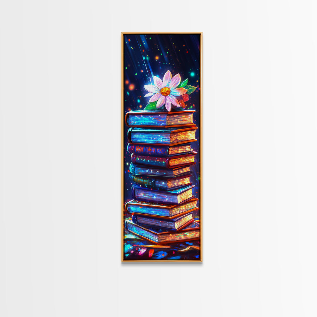 Glowing Stack Of Books With Daisy Canvas Print, Book Lover Wall Art, Cozy Library Decor, Reading Nook Art, Literary Gift