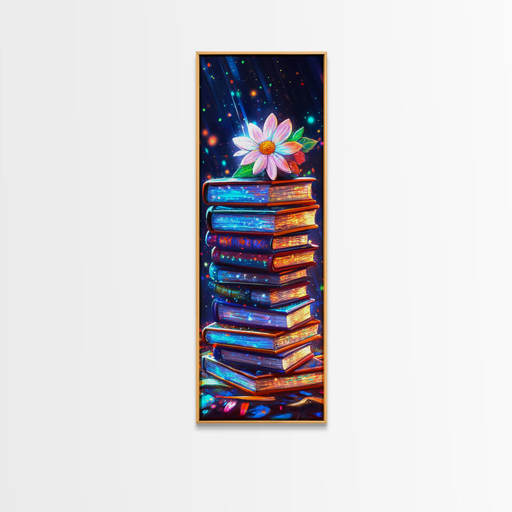Glowing Stack Of Books With Daisy Canvas Print, Book Lover Wall Art, Cozy Library Decor, Reading Nook Art, Literary Gift
