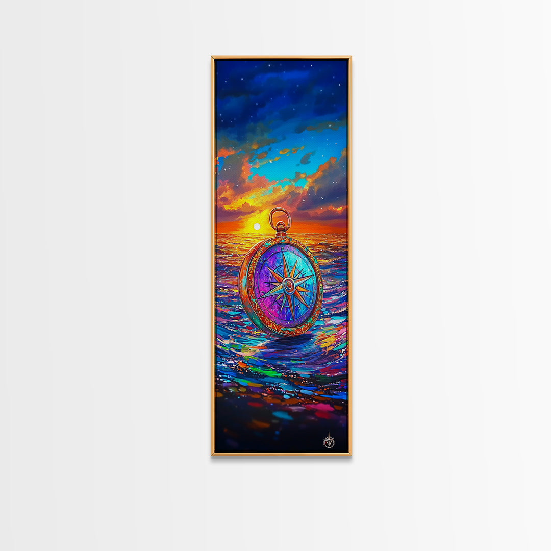 Vibrant Compass On Sunset Ocean Wall Art, Nautical Coastal Decor, Travel Poster, Seascape Art Print, Beach House Living Room Decor