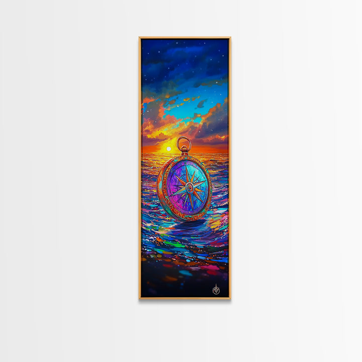 Vibrant Compass On Sunset Ocean Wall Art, Nautical Coastal Decor, Travel Poster, Seascape Art Print, Beach House Living Room Decor