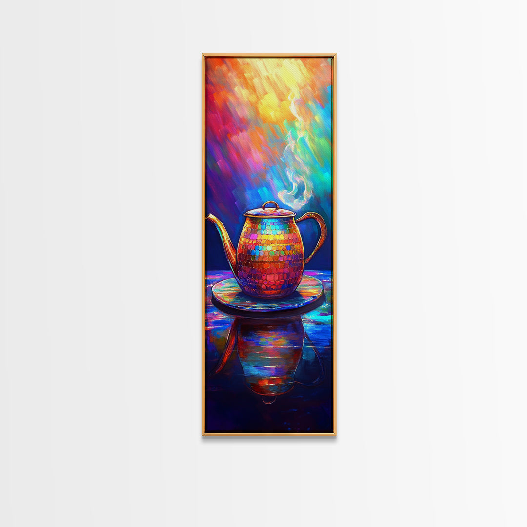 Rainbow Teapot With Steam Framed Canvas Print, Colorful Kitchen Wall Art, Tea Lover Gift, Boho Dining Room Decor, Still Life Art