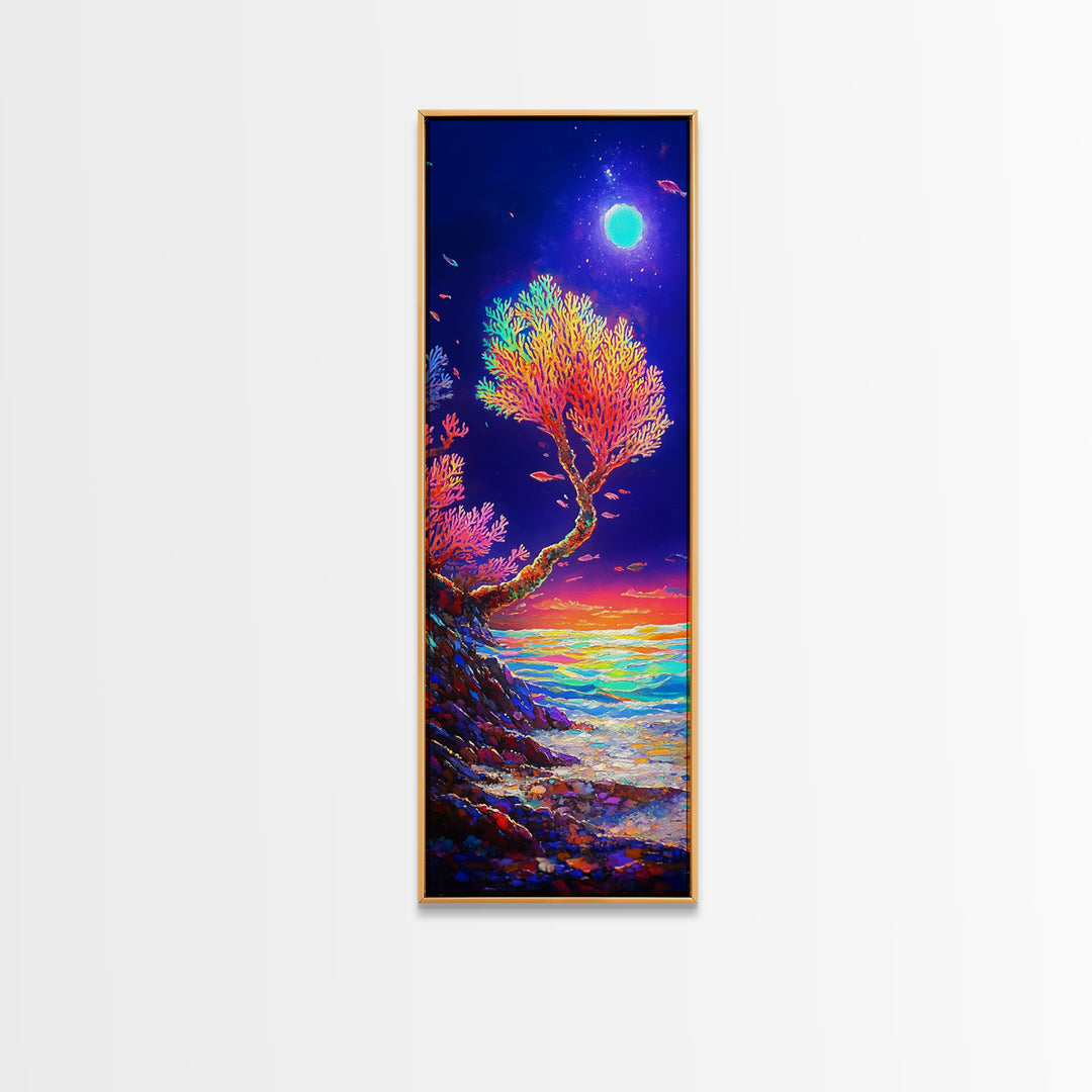 Moonlit Coral Tree By Ocean Canvas Print, Coastal Wall Art, Celestial Decor, Tropical Seascape, Beach House Living Room Decor