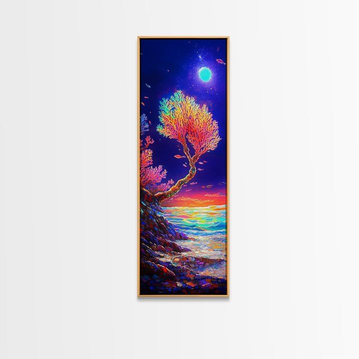 Moonlit Coral Tree By Ocean Canvas Print, Coastal Wall Art, Celestial Decor, Tropical Seascape, Beach House Living Room Decor