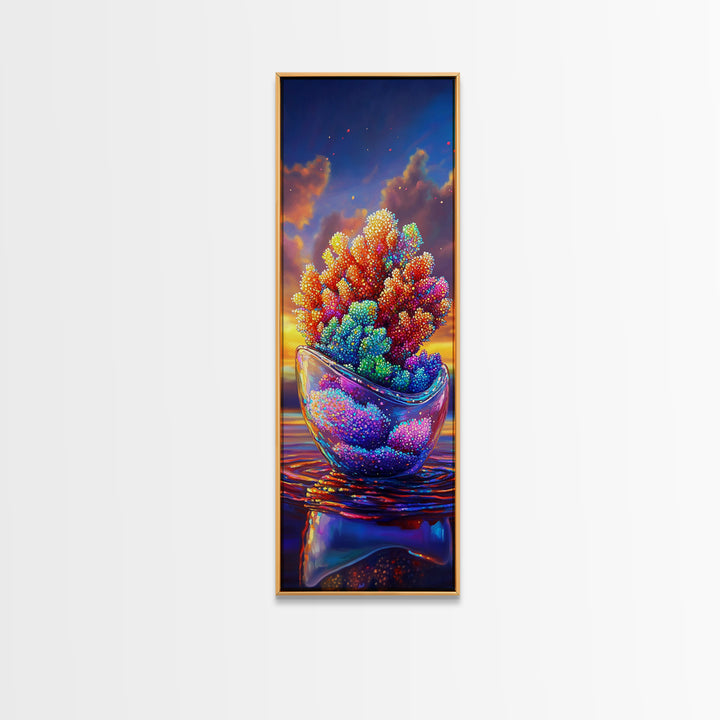 Rainbow Coral In Glass Bowl Framed Canvas Print, Marine Life Wall Art, Coastal Home Decor, Ocean Nursery Art, Sea Life Gift