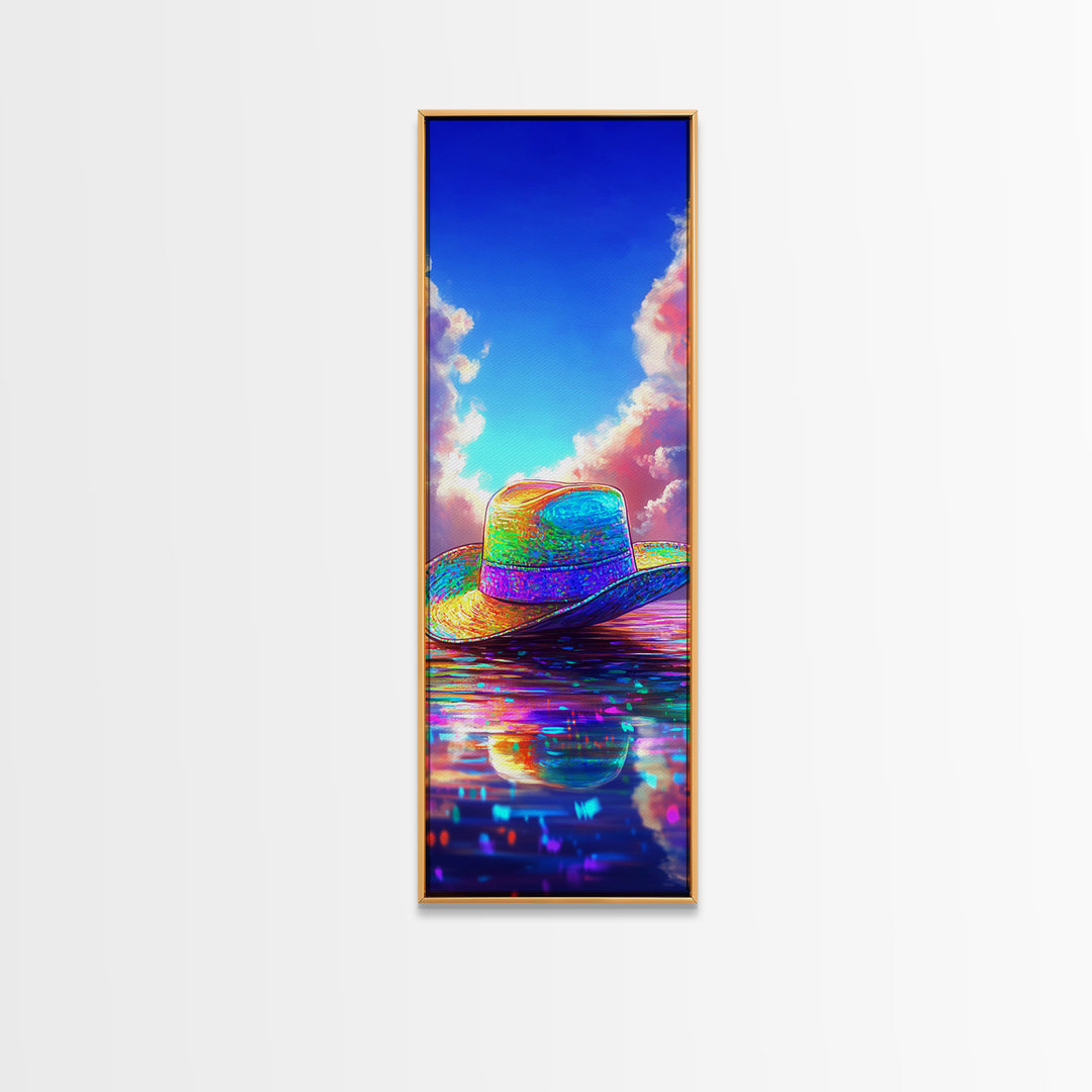 Rainbow Straw Cowboy Hat On Reflective Water Canvas Print, Western Wall Art, Coastal Cowgirl Decor, Colorful Summer Poster