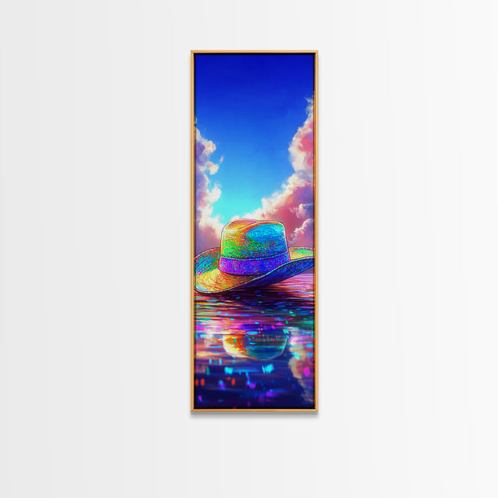 Rainbow Straw Cowboy Hat On Reflective Water Canvas Print, Western Wall Art, Coastal Cowgirl Decor, Colorful Summer Poster
