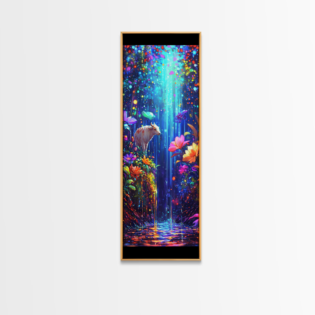 White Goat In Enchanted Waterfall Garden Framed Canvas Print, Whimsical Animal Wall Art, Colorful Nature Nursery Decor Poster