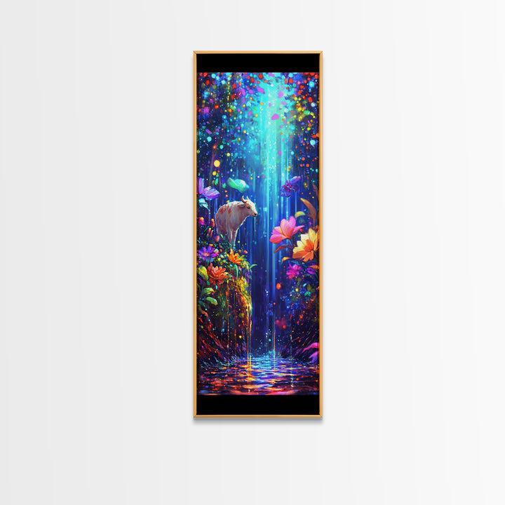 White Goat In Enchanted Waterfall Garden Framed Canvas Print, Whimsical Animal Wall Art, Colorful Nature Nursery Decor Poster