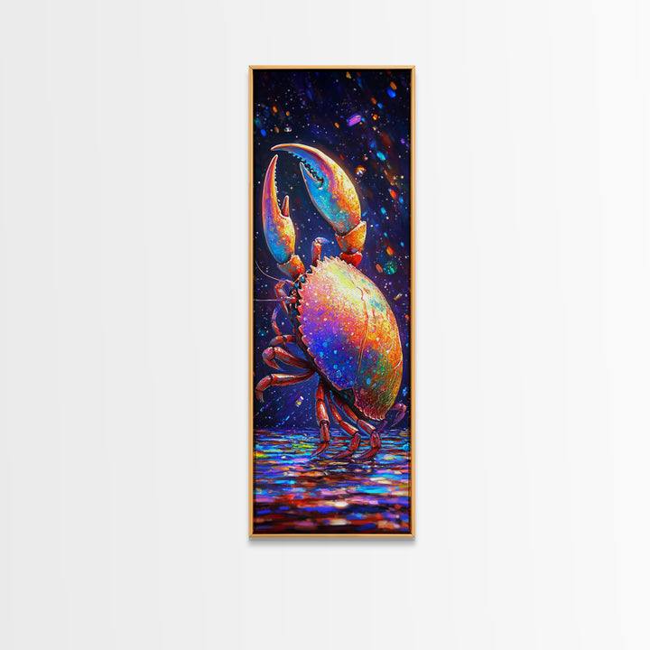 Vibrant Rainbow Crab With Raised Claw Canvas Print, Coastal Wall Art, Nautical Bathroom Decor, Colorful Ocean Animal Art