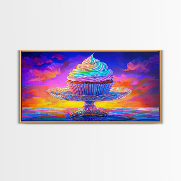 Rainbow Cupcake On Glass Stand Canvas Print, Whimsical Bakery Wall Art, Dessert Art, Kitchen Decor, Birthday Gift For Her